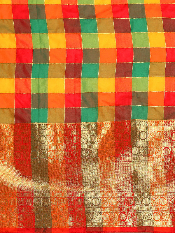 Multicolor Kanjeevaram Silk ColorBlock Checked Saree with Unstitched Blouse - Hiral Fashion