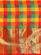 Multicolor Kanjeevaram Silk ColorBlock Checked Saree with Unstitched Blouse - Hiral Fashion
