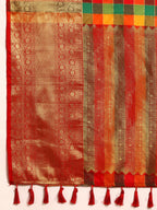 Multicolor Kanjeevaram Silk ColorBlock Checked Saree with Unstitched Blouse - Hiral Fashion