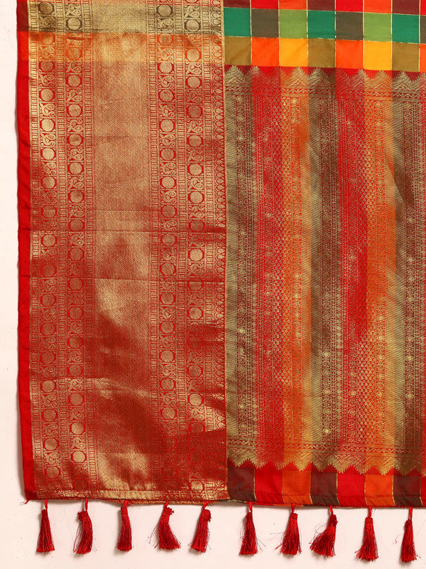 Multicolor Kanjeevaram Silk ColorBlock Checked Saree with Unstitched Blouse - Hiral Fashion