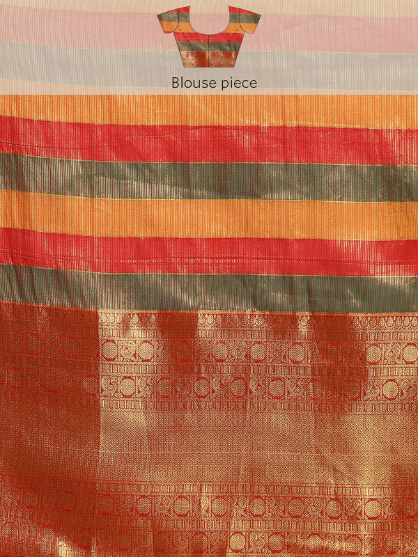 Multicolor Kanjeevaram Silk ColorBlock Checked Saree with Unstitched Blouse - Hiral Fashion