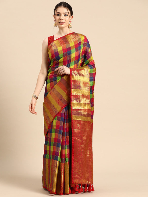 Multicolor Kanjeevaram Silk ColorBlock Checked Saree with Unstitched Blouse - Hiral Fashion