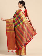 Multicolor Kanjeevaram Silk ColorBlock Checked Saree with Unstitched Blouse - Hiral Fashion