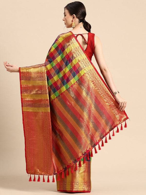 Multicolor Kanjeevaram Silk ColorBlock Checked Saree with Unstitched Blouse - Hiral Fashion