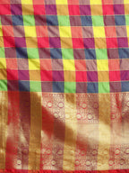 Multicolor Kanjeevaram Silk ColorBlock Checked Saree with Unstitched Blouse - Hiral Fashion