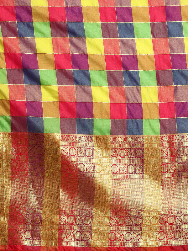 Multicolor Kanjeevaram Silk ColorBlock Checked Saree with Unstitched Blouse - Hiral Fashion