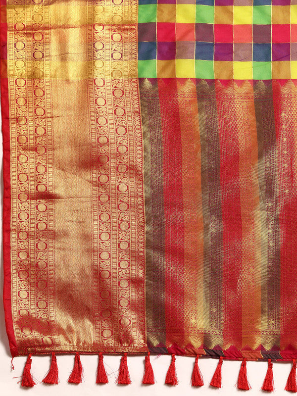 Multicolor Kanjeevaram Silk ColorBlock Checked Saree with Unstitched Blouse - Hiral Fashion