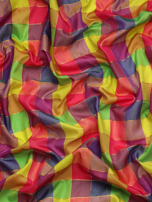 Multicolor Kanjeevaram Silk ColorBlock Checked Saree with Unstitched Blouse - Hiral Fashion