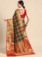 Multicolor Kanjeevaram Silk ColorBlock Checked Saree with Unstitched Blouse - Hiral Fashion