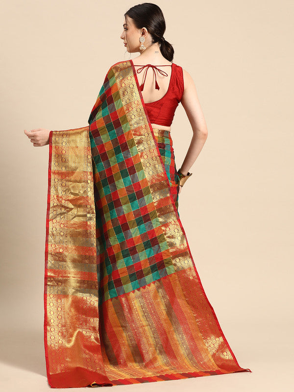 Multicolor Kanjeevaram Silk ColorBlock Checked Saree with Unstitched Blouse - Hiral Fashion