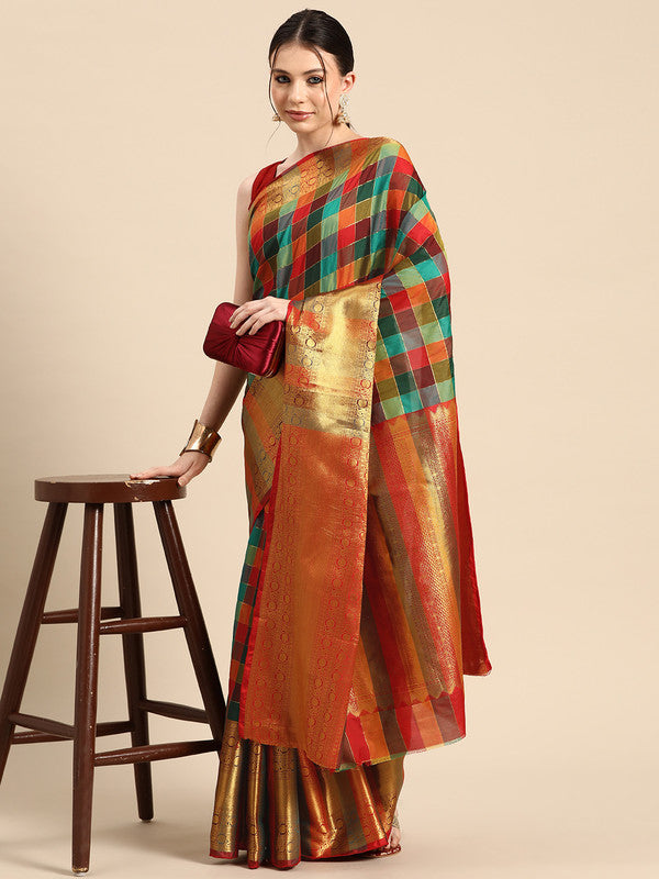 Multicolor Kanjeevaram Silk ColorBlock Checked Saree with Unstitched Blouse - Hiral Fashion