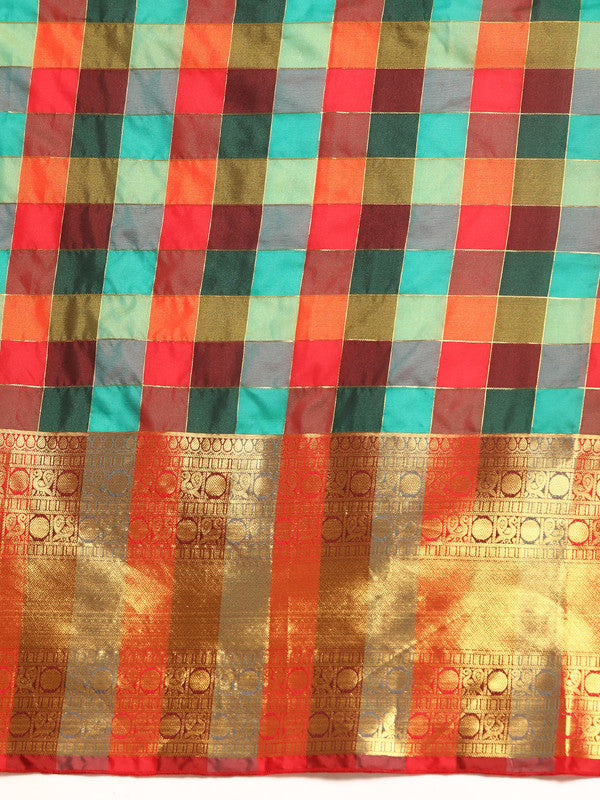 Multicolor Kanjeevaram Silk ColorBlock Checked Saree with Unstitched Blouse - Hiral Fashion