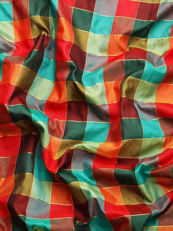 Multicolor Kanjeevaram Silk ColorBlock Checked Saree with Unstitched Blouse - Hiral Fashion