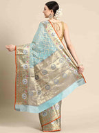 Blue Tissue Silk Woven Zari Design Geomatric Saree with Unstitched Blouse - Hiral Fashion