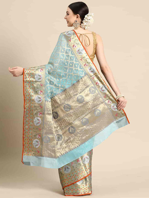 Blue Tissue Silk Woven Zari Design Geomatric Saree with Unstitched Blouse - Hiral Fashion