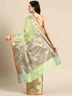 Green Tissue Silk Woven Zari Design Geomatric Saree with Unstitched Blouse - Hiral Fashion