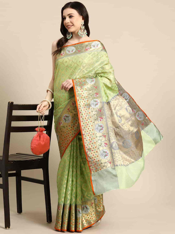 Green Tissue Silk Woven Zari Design Geomatric Saree with Unstitched Blouse - Hiral Fashion
