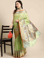 Green Tissue Silk Woven Zari Design Geomatric Saree with Unstitched Blouse - Hiral Fashion