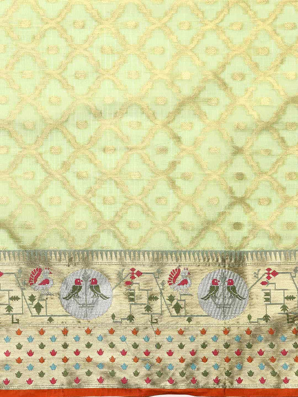 Green Tissue Silk Woven Zari Design Geomatric Saree with Unstitched Blouse - Hiral Fashion