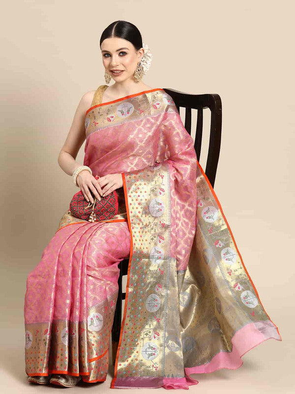 Pink Tissue Silk Woven Zari Design Geomatric Saree with Unstitched Blouse - Hiral Fashion