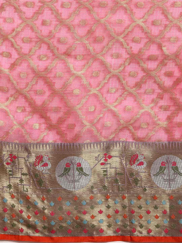 Pink Tissue Silk Woven Zari Design Geomatric Saree with Unstitched Blouse - Hiral Fashion