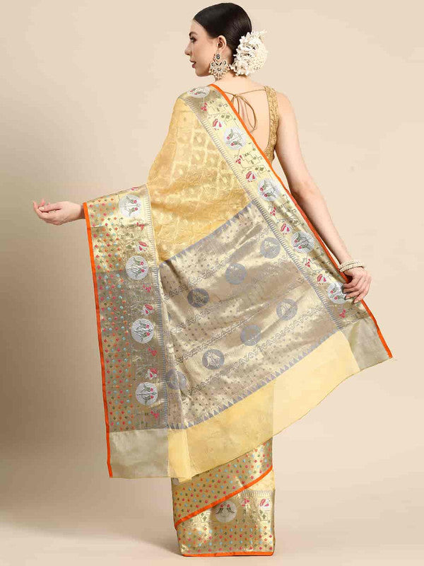Yellow Tissue Silk Woven Zari Design Geomatric Saree with Unstitched Blouse - Hiral Fashion