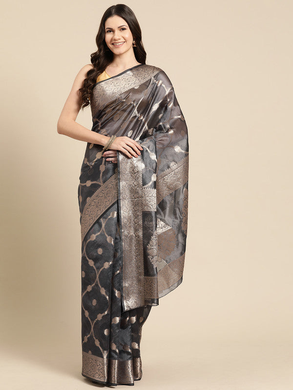 Black Organza Silk Woven Zari Design Floral Saree with Unstitched Blouse - Hiral Fashion