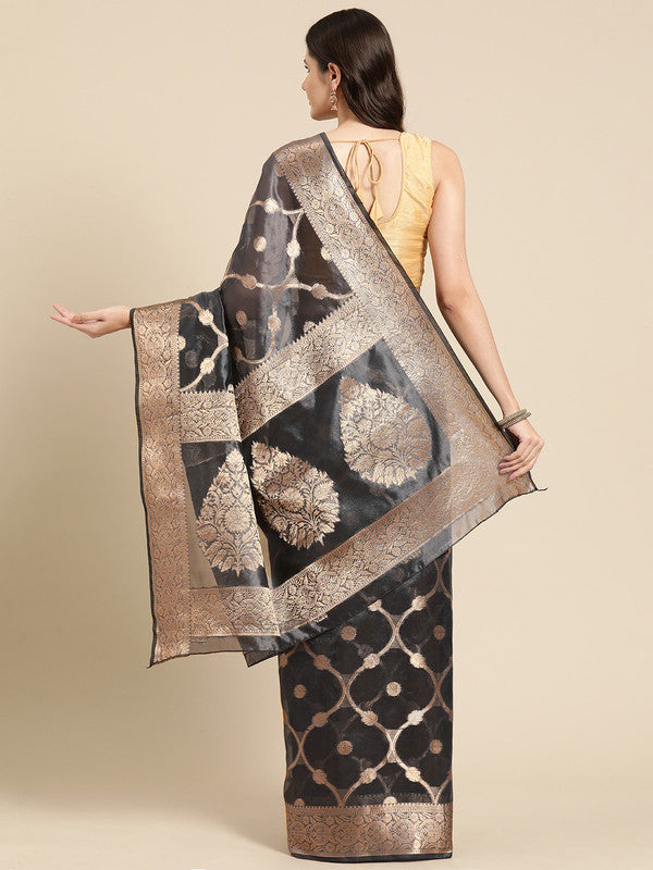 Black Organza Silk Woven Zari Design Floral Saree with Unstitched Blouse - Hiral Fashion