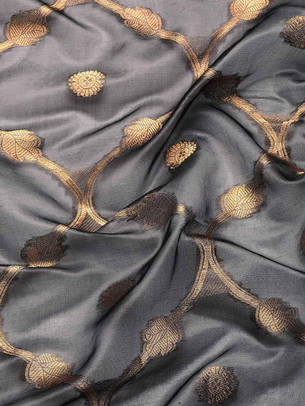 Black Organza Silk Woven Zari Design Floral Saree with Unstitched Blouse - Hiral Fashion