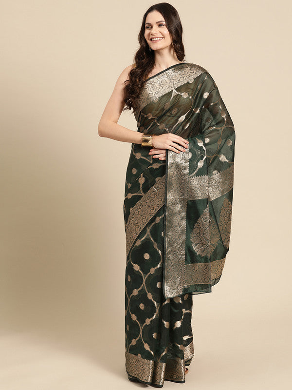 Green Organza Silk Woven Zari Design Floral Saree with Unstitched Blouse - Hiral Fashion
