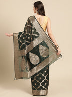 Green Organza Silk Woven Zari Design Floral Saree with Unstitched Blouse - Hiral Fashion
