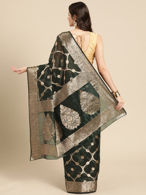 Green Organza Silk Woven Zari Design Floral Saree with Unstitched Blouse - Hiral Fashion