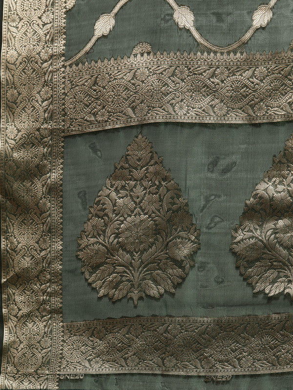 Green Organza Silk Woven Zari Design Floral Saree with Unstitched Blouse - Hiral Fashion
