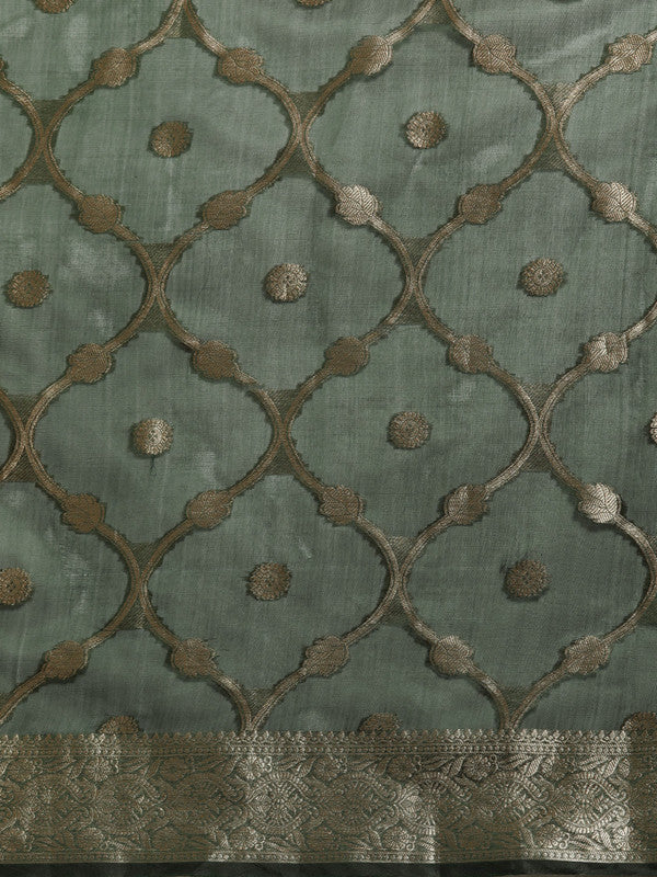 Green Organza Silk Woven Zari Design Floral Saree with Unstitched Blouse - Hiral Fashion
