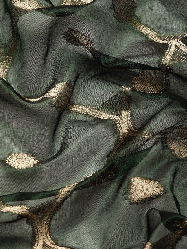 Green Organza Silk Woven Zari Design Floral Saree with Unstitched Blouse - Hiral Fashion