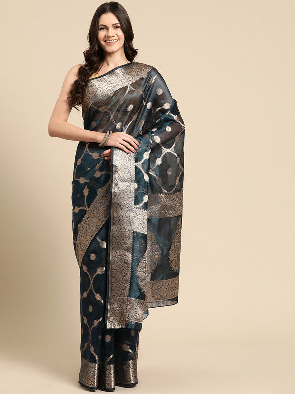 Turquoise Organza Silk Woven Zari Design Floral Saree with Unstitched Blouse - Hiral Fashion