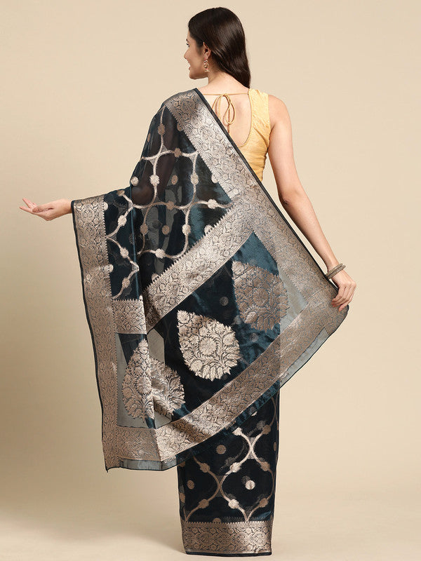 Turquoise Organza Silk Woven Zari Design Floral Saree with Unstitched Blouse - Hiral Fashion