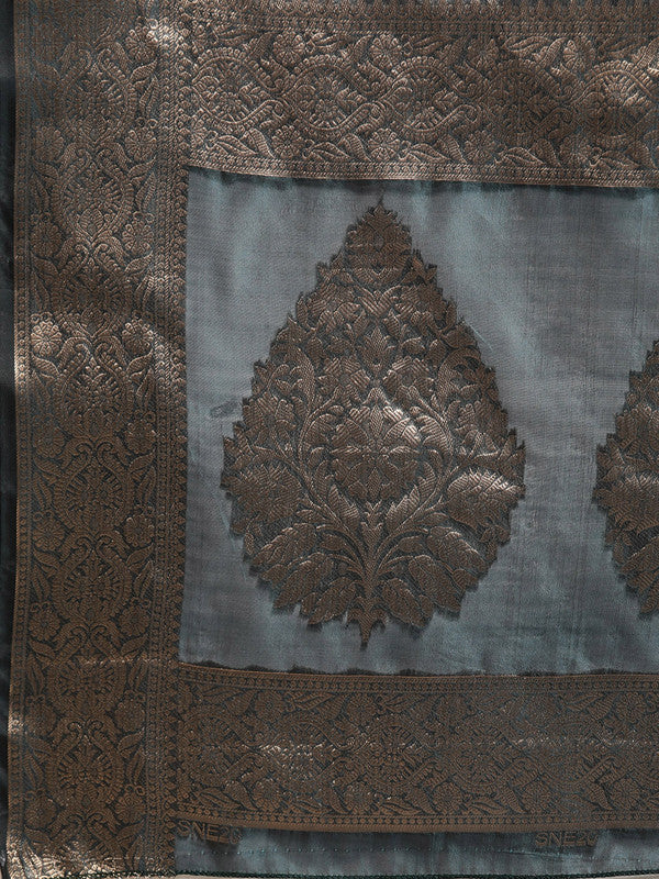Turquoise Organza Silk Woven Zari Design Floral Saree with Unstitched Blouse - Hiral Fashion