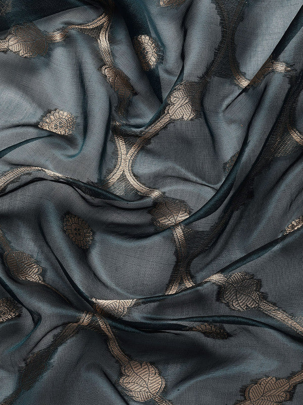 Turquoise Organza Silk Woven Zari Design Floral Saree with Unstitched Blouse - Hiral Fashion