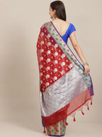 Red Art Silk Woven Zari Design Floral Saree with Unstitched Blouse - Hiral Fashion