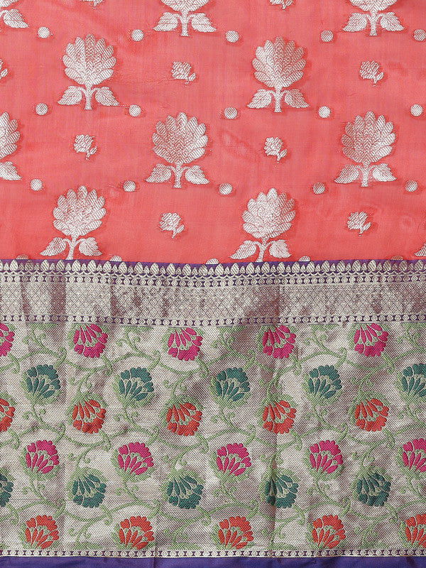 Red Art Silk Woven Zari Design Floral Saree with Unstitched Blouse - Hiral Fashion