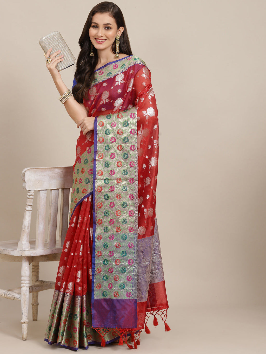 Red Art Silk Woven Zari Design Floral Saree with Unstitched Blouse - Hiral Fashion