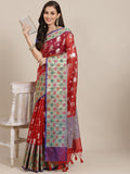 Red Art Silk Woven Zari Design Floral Saree with Unstitched Blouse - Hiral Fashion