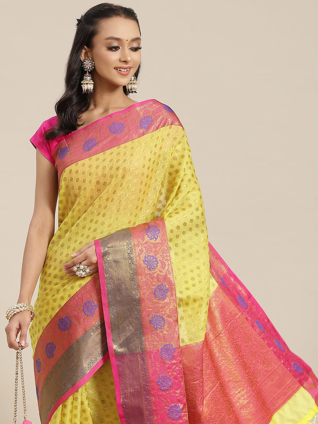 Hiral Fashion Yellow Kanjeevaram Art Silk Woven Design Saree
