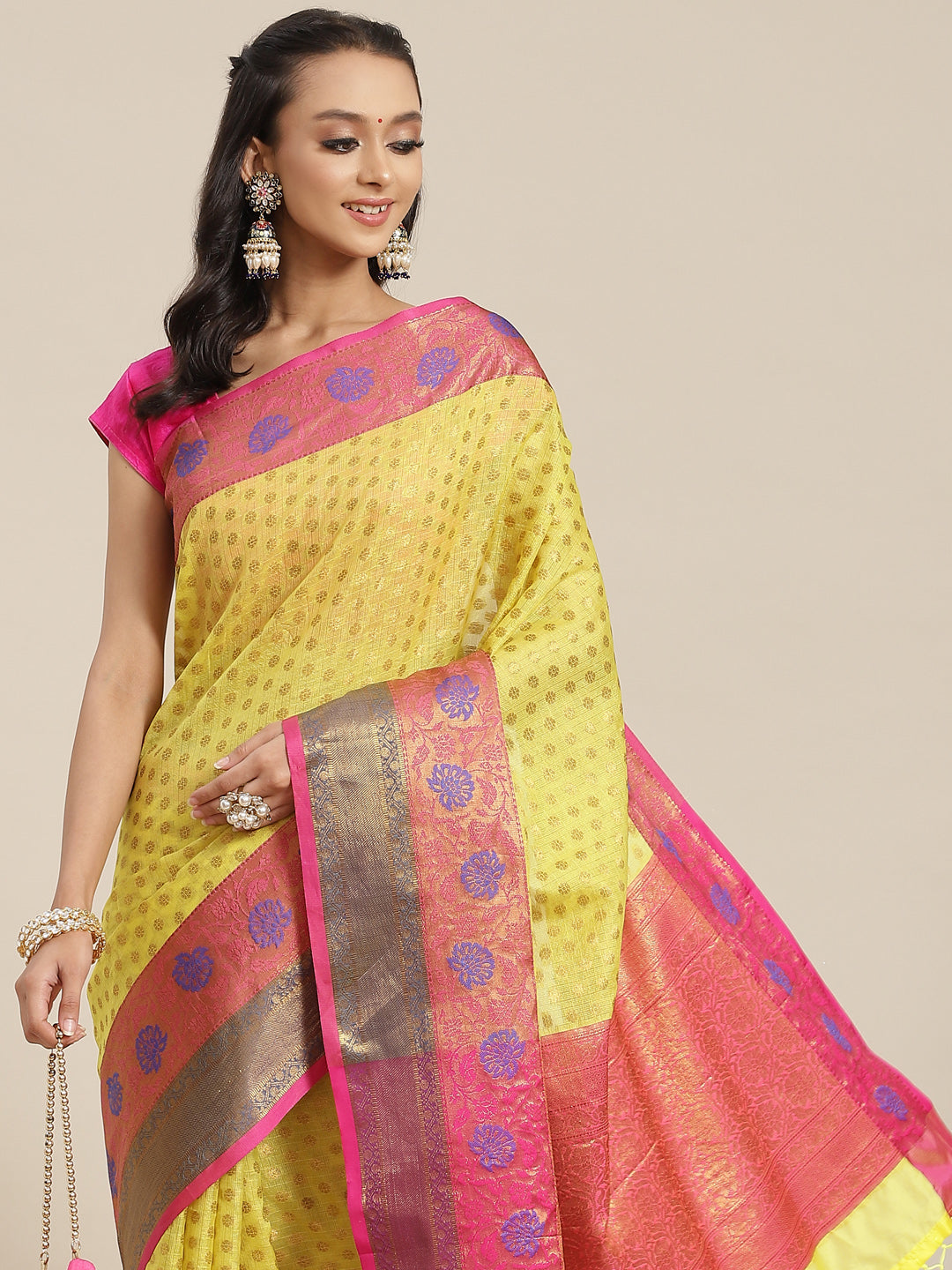 Hiral Fashion Yellow Kanjeevaram Art Silk Woven Design Saree