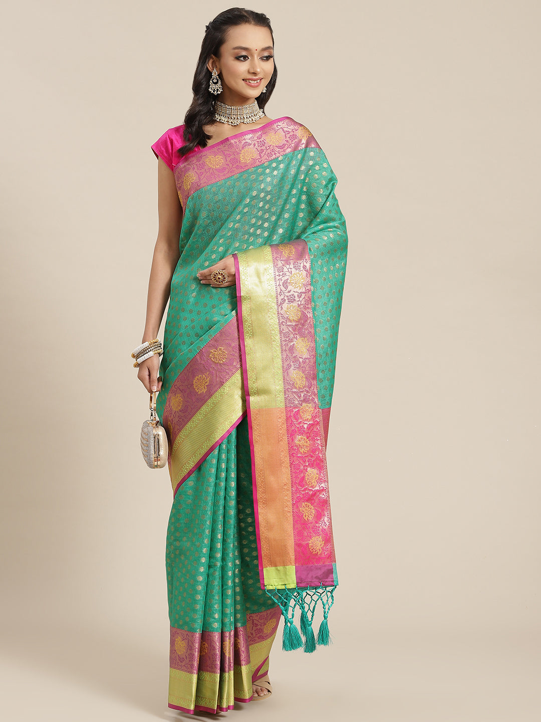 Hiral Fashion Green Kanjeevaram Art Silk Woven Design Saree