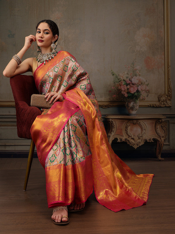 Multicolor Pure Silk Woven Zari Design Floral Saree with Unstitched Blouse - Hiral Fashion