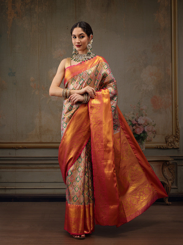 Multicolor Pure Silk Woven Zari Design Floral Saree with Unstitched Blouse - Hiral Fashion