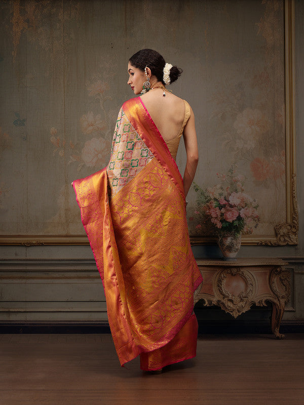 Multicolor Pure Silk Woven Zari Design Floral Saree with Unstitched Blouse - Hiral Fashion