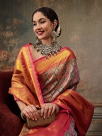 Multicolor Pure Silk Woven Zari Design Floral Saree with Unstitched Blouse - Hiral Fashion